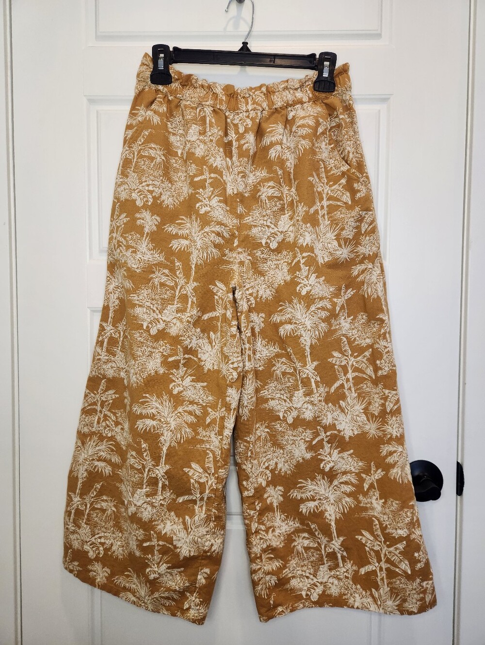 AE Cotton Linen Women's Wide Leg Cropped Pant Mustard Yellow Palm Tree, Sz L - Picture 2 of 5